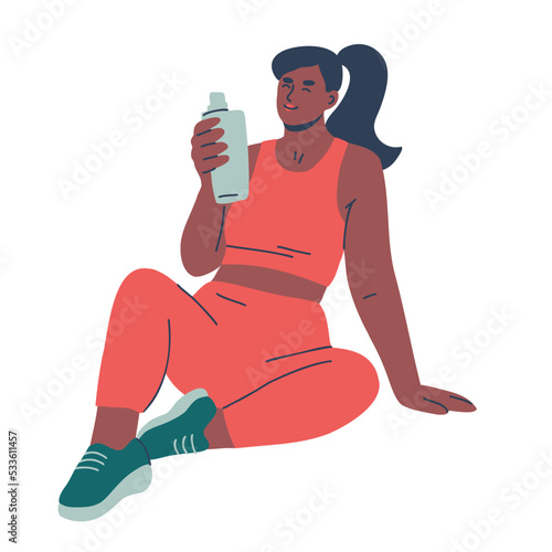 Woman drinking water during or after a workout. Female character staying hydrated. Hand drawn vector illustration