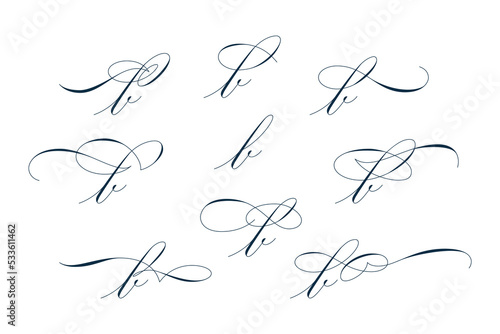 Set of beautiful calligraphic flourishes on letter b isolated on white background for decorating text and calligraphy on postcards or greetings cards. Vector illustration.