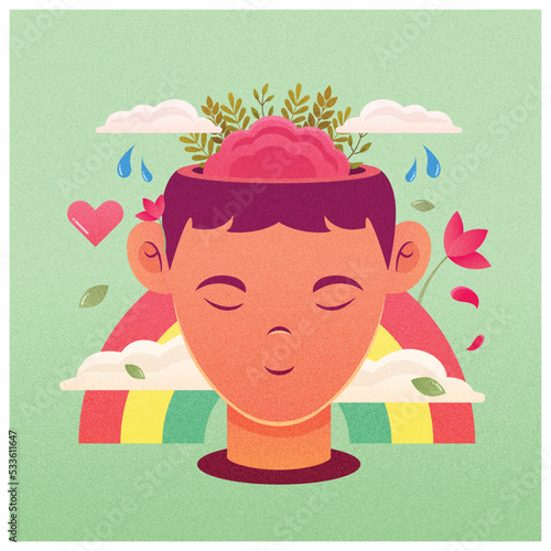 mental health day man profile and heart in brain with icons vector illustration design