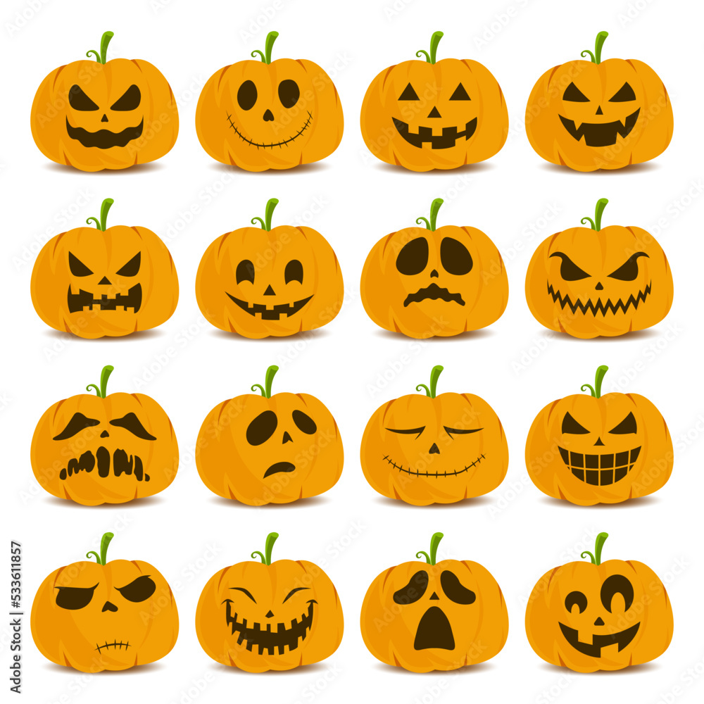 Collection of halloween pumpkin faces isolated on a white background. Halloween pumpkin expression set Collection of halloween pumpkin faces isolated on a white background. Halloween pumpkin expression set
