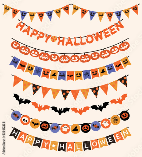Halloween garland and decorations set in flat style isolated. Festive buntings with pumpkins, spiders and skull.