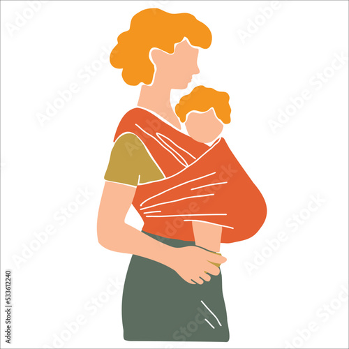Mother wearing baby carrier. Woman with child in sling. Hand drawn vector illustration in abstract minimal style