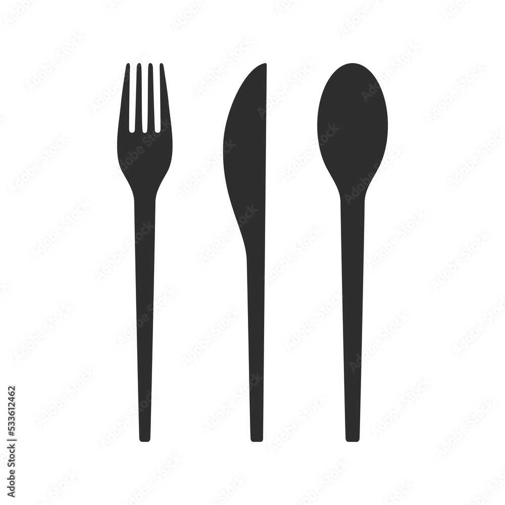 Fork, knife, spoon vector icons set isolated on white. Disposable tableware. Single use cutlery set for take away food. Flat minimal illustration. Fork, knife, spoon vector icons set isolated on white. Disposable tableware. Single use cutlery set for take away food. Flat minimal illustration.