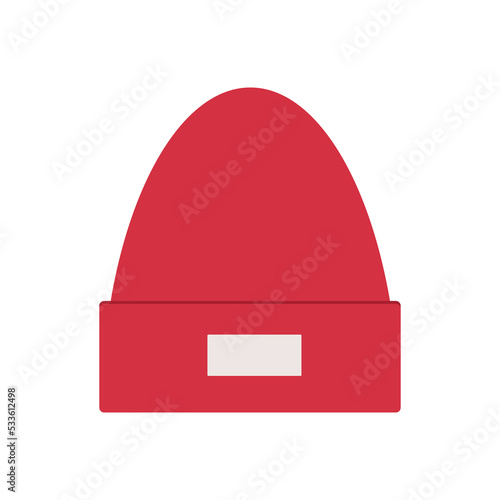 Red vector beanie hat with unbranded mockup label isolated on white. Flat minimal mock-up  illustration.