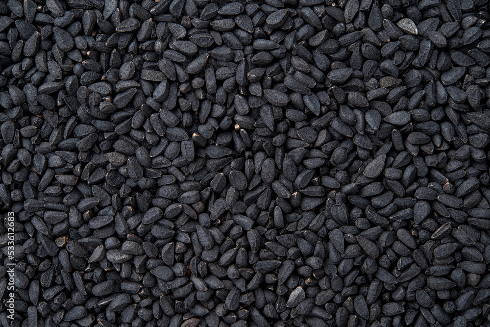 Black cumin macro texture. Whole nigella seeds closeup background. Dry kalonji fruits for food design and cooking. Concept of organic spice and seasoning. Medicinal herb nigella sativa. Black cumin macro texture. Whole nigella seeds closeup background. Dry kalonji fruits for food design and cooking. Concept of organic spice and seasoning. Medicinal herb nigella sativa.