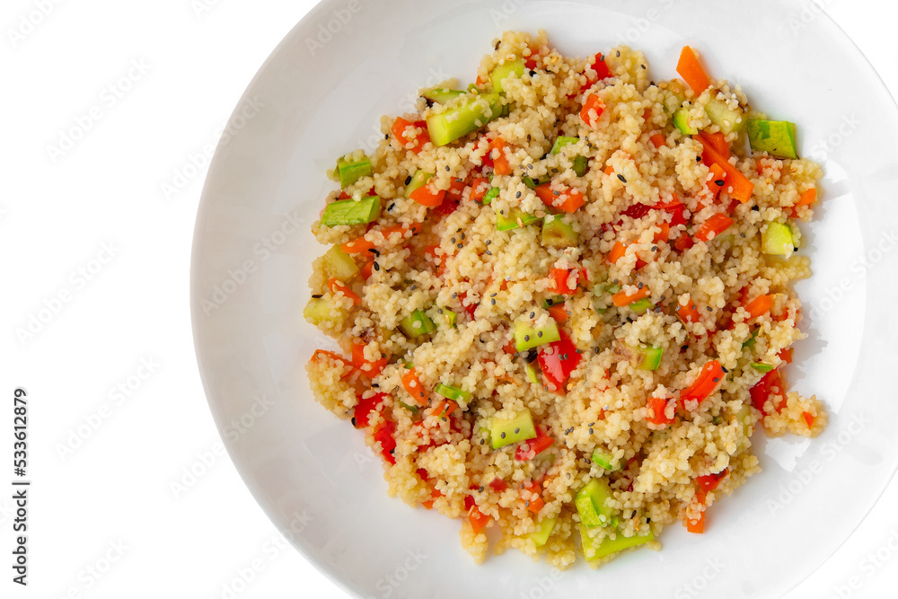 Millet porridge with vegetables. Balanced, nutritious, tasty and nutritious food. Ready-made menu for a restaurant or for delivery. Dish in a white plate isolated on a white background. Millet porridge with vegetables. Balanced, nutritious, tasty and nutritious food. Ready-made menu for a restaurant or for delivery. Dish in a white plate isolated on a white background.