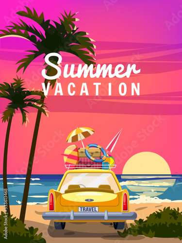 Suncet, Vacation travel yellow car with luggage bags, surfboard on the beach. Tropical seachore, sky, palms, sea, ocean, back view. Vector illustration retro cartoon