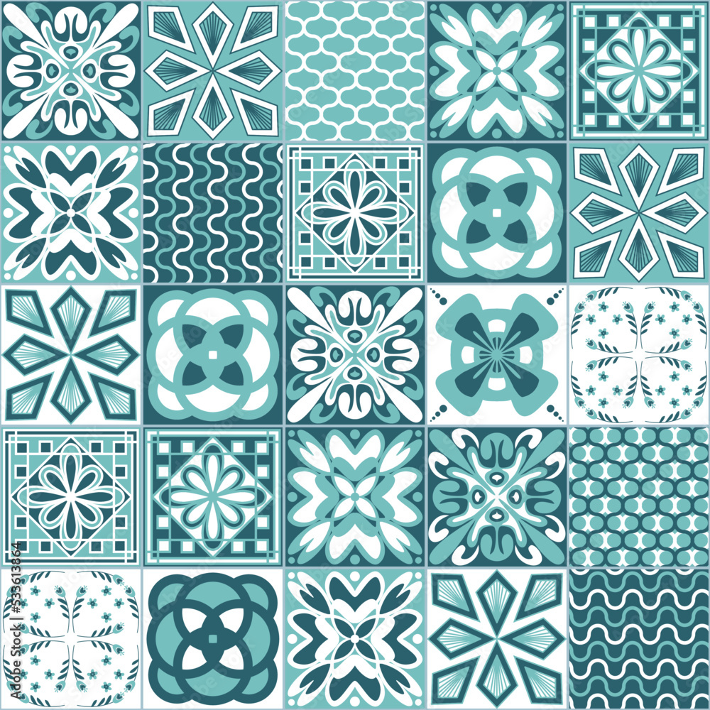 Azulejo talavera ceramic tile pattern, green mint white background, vector illustration