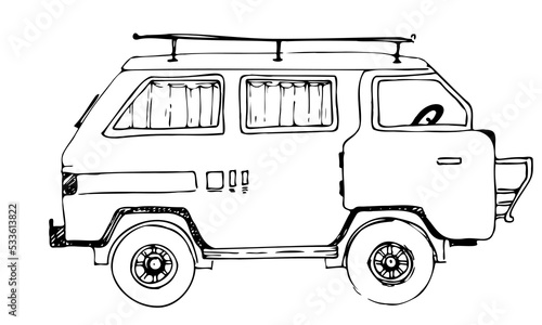 Sketch of Camp Car for family summer travel. Vector hand drawn illustration of vintage bus. Engraving of Caravan on white isolated background