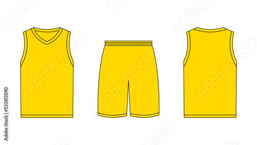 Sleeveless yellow sports tshirt and shorts template. Front and back view unisex golden clothing pattern for outdoor activities and basketball practice. Casual stylish simple vector cotton textile
