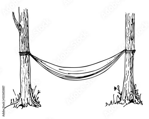 Drawing of camping Hammock. Vector hand drawn illustration for summer travel. Sketch on white isolated background