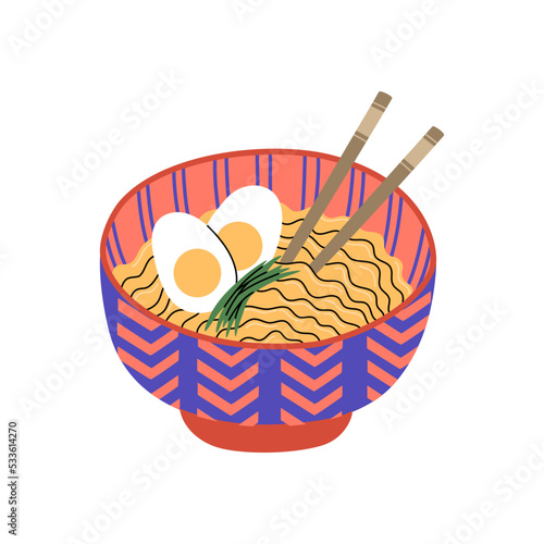 Bowl with ramen noodle soup and chopsticks. Hot meal with eggs and greens. Traditional popular asian food. Hand drawn colored vector illustration isolated on white background. Flat cartoon style