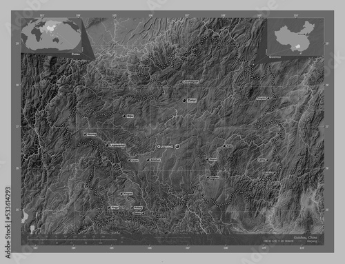 Guizhou, China. Grayscale. Labelled points of cities photo