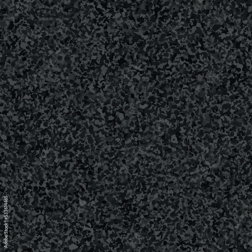 Black textured asphalt seamless texture top view. Dark grey abstract tarmac pattern. Vector illustration of road coat material. Grunge granular closeup surface. Bitumen grain highway backdrop