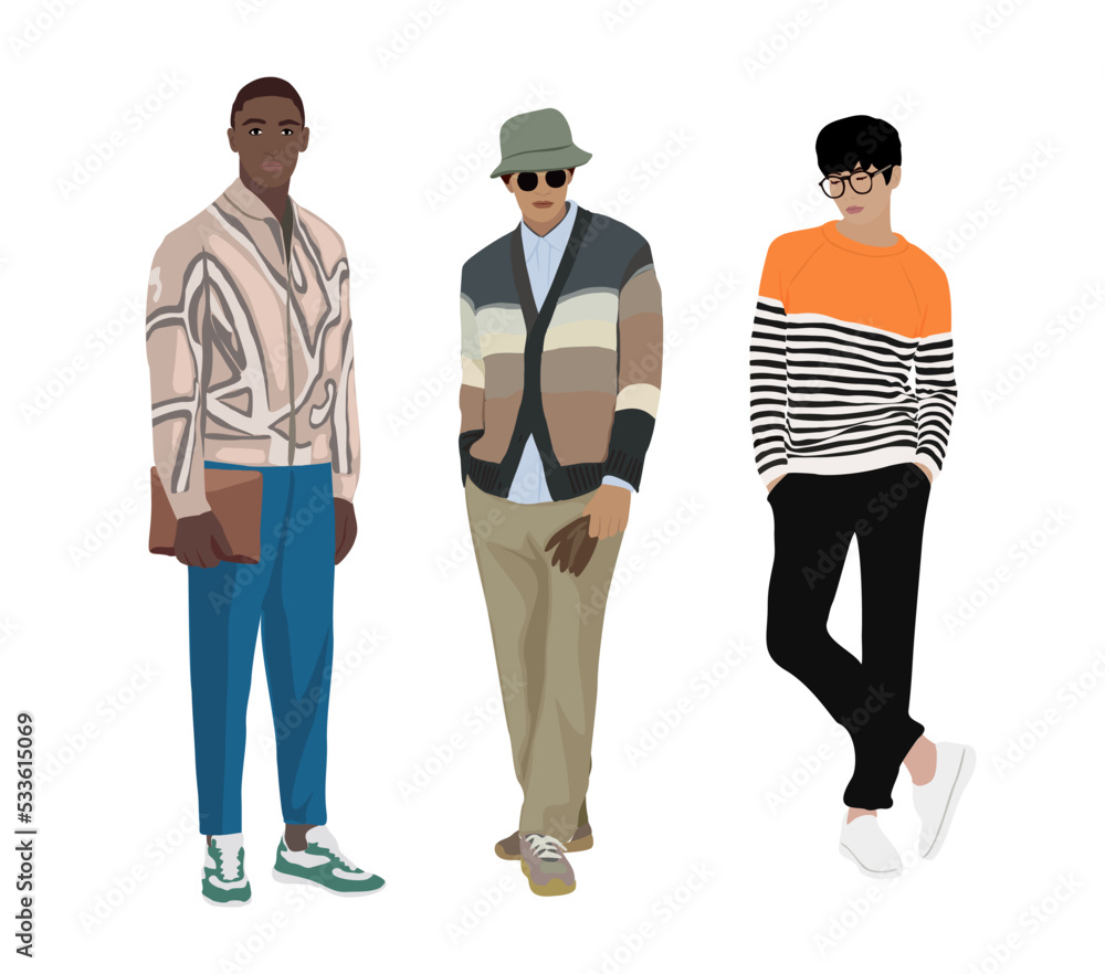 Street fashion men vector illustration. Young men wearing trendy modern  street style outfit standing. Cartoon style vector realistic illustration  isolated on white background. Stock Vector | Adobe Stock