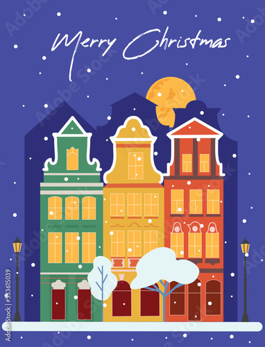 Merry Christmas. New Year's cute houses in the snow, urban buildings in the Scandinavian style. Panorama of cozy city with house exterior, Scandinavian architecture. City street with pipes, smoke.