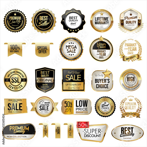Collection of gold and black price badges labels and ribbons 