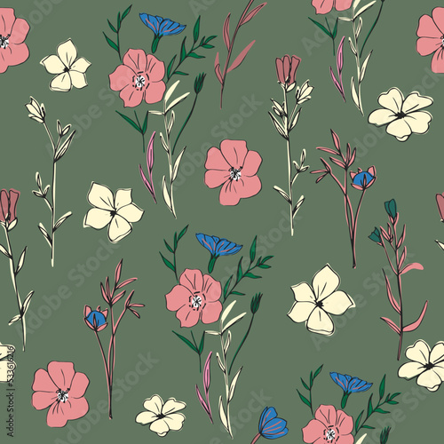 Wild Flowers Repeat Pattern. Colorful hand drawn Plants and Blossom. Vector illustration