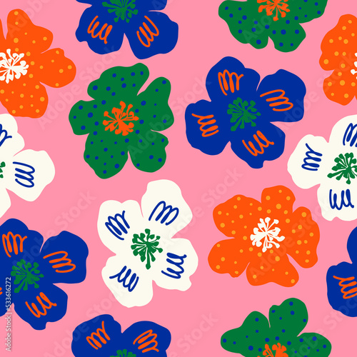 Modern abstract botanical florals colourful seamless pattern. Futuristic exotic fashion fabric print