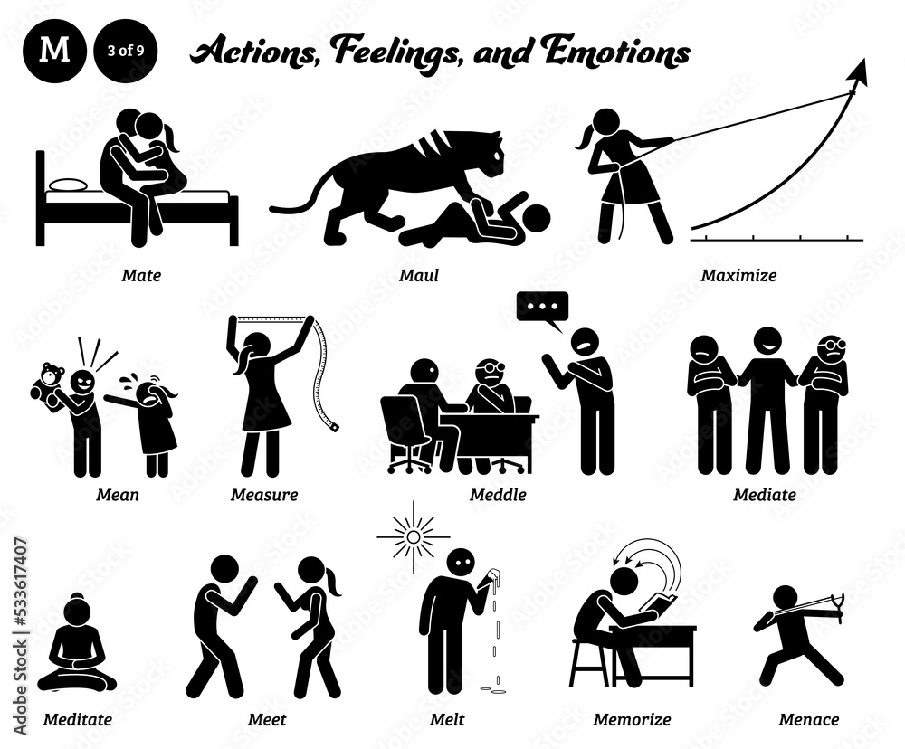 Stick figure human people man action, feelings, and emotions icons alphabet  M. Mate, maul, maximize, mean, measure, meddle, mediate, meditate, meet,  melt, memorize, and menace. Stock Vector