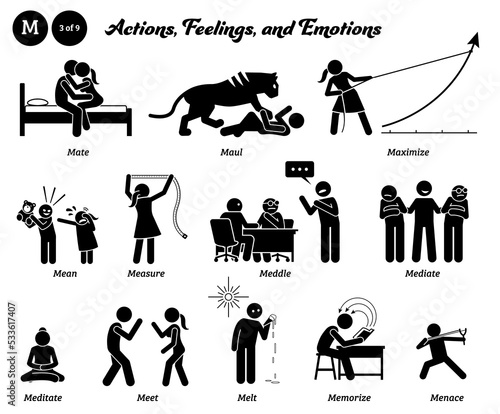 Stick figure human people man action, feelings, and emotions icons alphabet M. Mate, maul, maximize, mean, measure, meddle, mediate, meditate, meet, melt, memorize, and menace.
