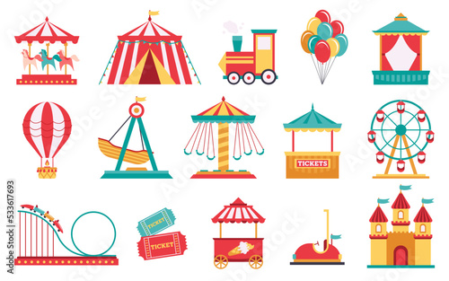 Amusement park set of elements with ferris wheel, carousel, circle tent, castle, air balloon