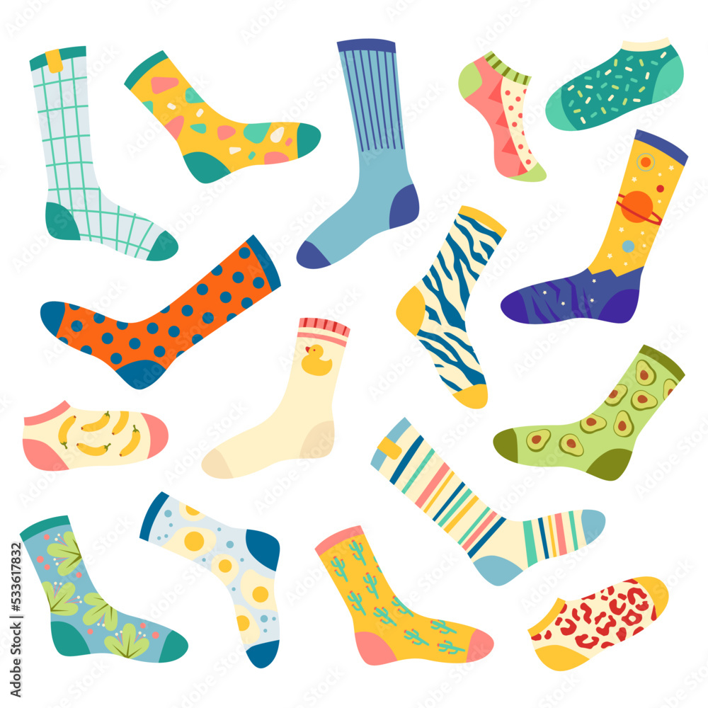 Cartoon socks. Bundle of socks with textures and patterns