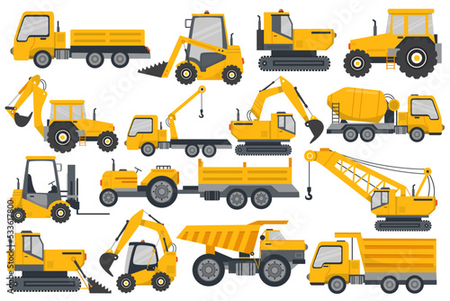 Set of construction machines equipment. Special vehicles for construction work. Forklifts, excavator