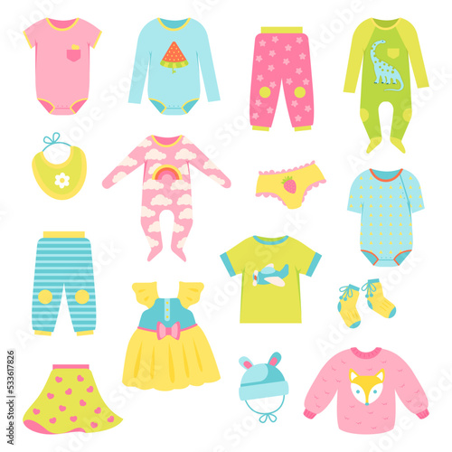 Baby clothes. Garments for infant kids. Colorful bodysuits, overalls for boy and girl