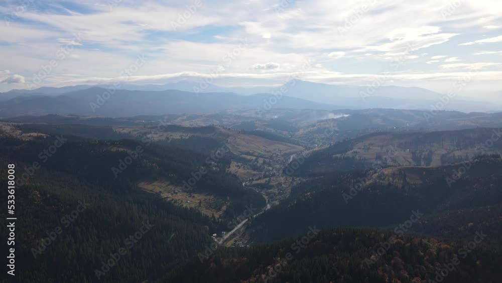 Aerial scenic and panoramic view of the Carpathian mountains, drone slowly forwards reveal footage Aerial scenic and panoramic view of the Carpathian mountains, drone slowly forwards reveal footage