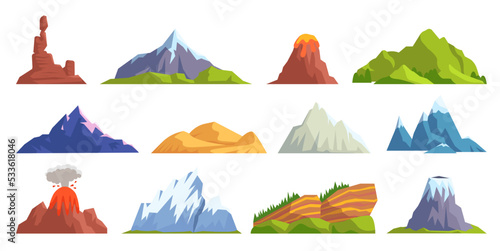 Mountain peaks set. Snowy mountains, hill top, iceberg, nature landscape. Camping and hiking