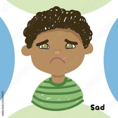 feeling flashcard for toddlers. Set of children express the feelings. English adjective words. Vector illustration.