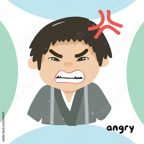 feeling flashcard for toddlers. Set of children express the feelings. English adjective words. Vector illustration.