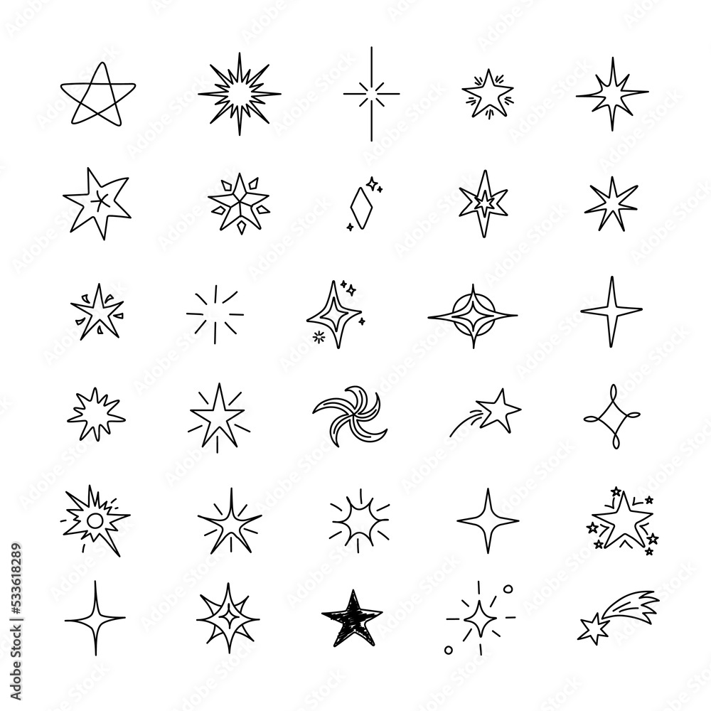 Hand drawn starts elements set. Doodle signs and icons, night sky objects thin line drawing Hand drawn starts elements set. Doodle signs and icons, night sky objects thin line drawing