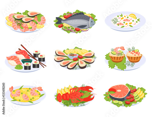Plates with seafood set. Collection of dishes from fish or shrimp, cooked crab, salmon and salad