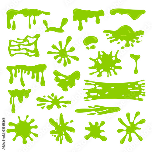 Slime dripping. Green sticky alien slime blobs, spooky halloween toxic slime dripping set