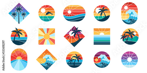 Set of retro sunsets in 80s and 90s style. Abstract sun at beach background with sunny gradient