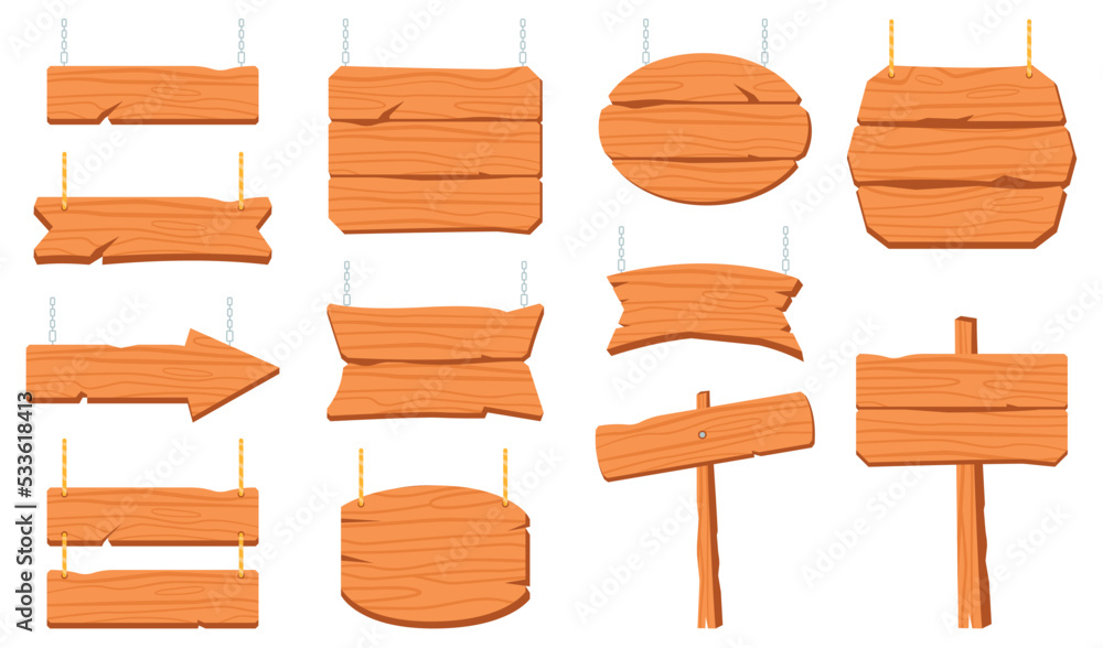Wooden signs and boards set. Rough rustic planks, signboards hanging on ropes chains, bar and saloon Wooden signs and boards set. Rough rustic planks, signboards hanging on ropes chains, bar and saloon