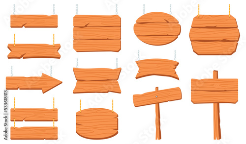Wooden signs and boards set. Rough rustic planks, signboards hanging on ropes chains, bar and saloon