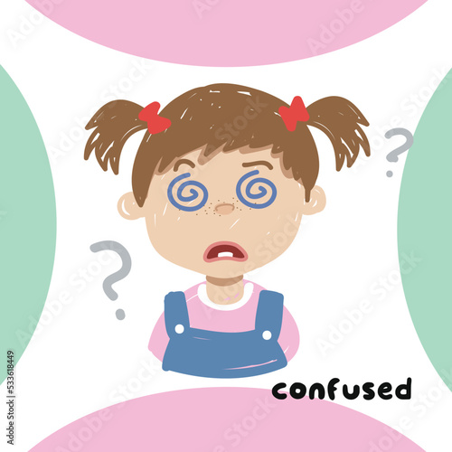 feeling flashcard for toddlers. Set of children express the feelings. English adjective words. Vector illustration.