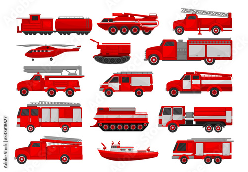 Red Fire Engine or Motor Firefighting Emergency Vehicle or Firetruck with Firehose and Ladder Big Vector Set