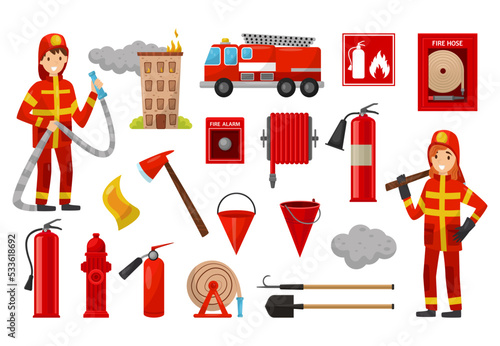 Man and Woman Firefighter in Uniform with Tools and Equipment Big Vector Set