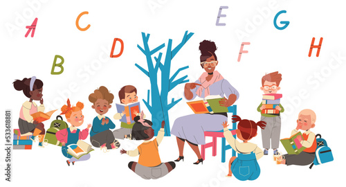 Young Teacher Sitting with First Graders at Lesson Learning Alphabet and Reading Book Vector Illustration