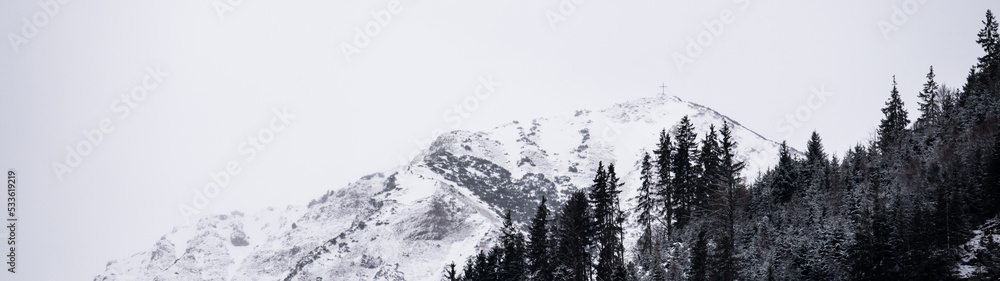 Obraz premium Amazing mystical rising fog forest snow snowy trees landscape snowscape in the mountains with summit cross winter, Germany Allgäu panorama banner - dark mood