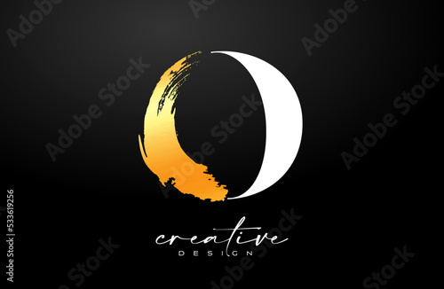 Golden Stroke Letter O logo desgn with Artistic Colorful Blue Purple Paintbrush Stroke Vector photo