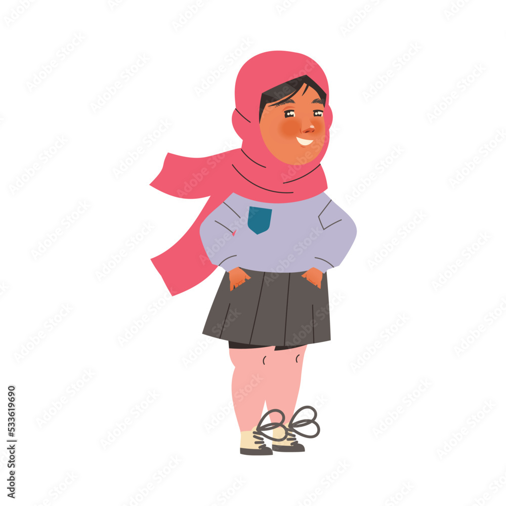 Muslim Girl First Grader Standing with Hands in Pocket and Smiling Vector Illustration Muslim Girl First Grader Standing with Hands in Pocket and Smiling Vector Illustration