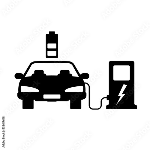 Black icon car charger. Station electric refueling. Eco transportation. Vector illustration flat design. Isolated on white background. Modern electric cars. Energy vehicles. Vehicle cartoon style.