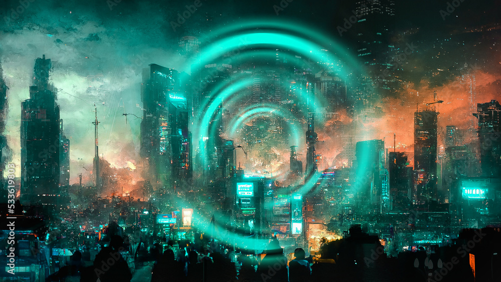 People evacuated from the sci-fi city in a strange wave war. Digital art concept , Illustration.