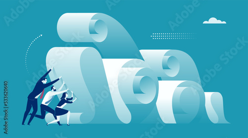 Paper waves. Paper tsunami. Resisting the pressure of paperwork and bureaucracy. A metaphor of paper work. Business vector illustration