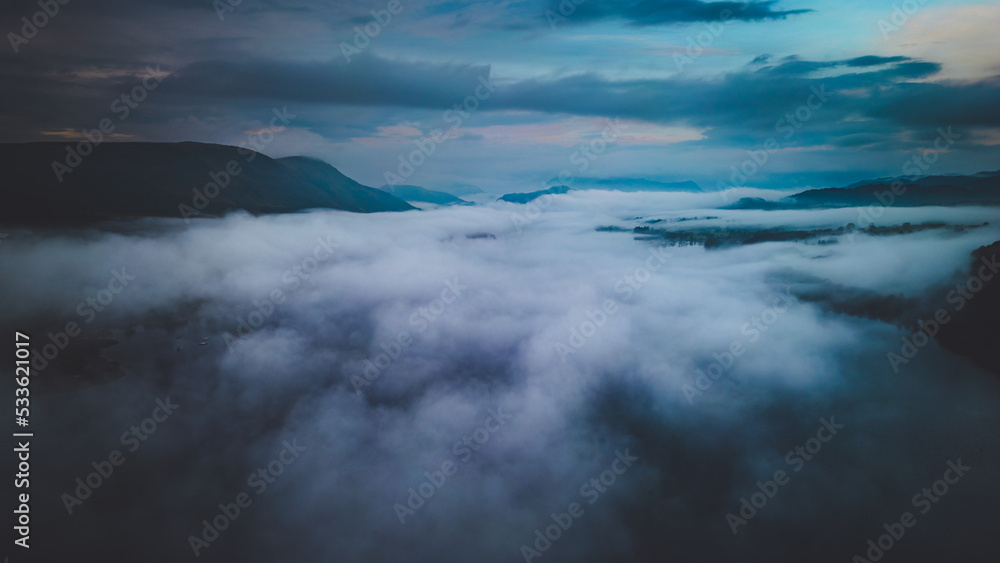 Cloud inversion over Ullswater in the Lake District from above with mountains